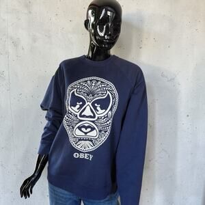 Vintage Obey Sweatshirt Dark Navy Blue Graphic Print XL Made In USA Streetwear